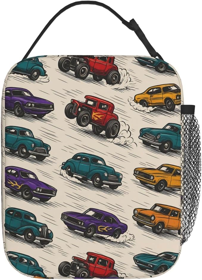 Racing Car Lunch Box for Boys Kids, Vintage Hot Rod Muscle Vehicle Reusable Thermal Insulation Cooler Tote Bags, Retro Sports Lover Insulated Bag for School Picnic Camping Outdoor Travel, Gifts