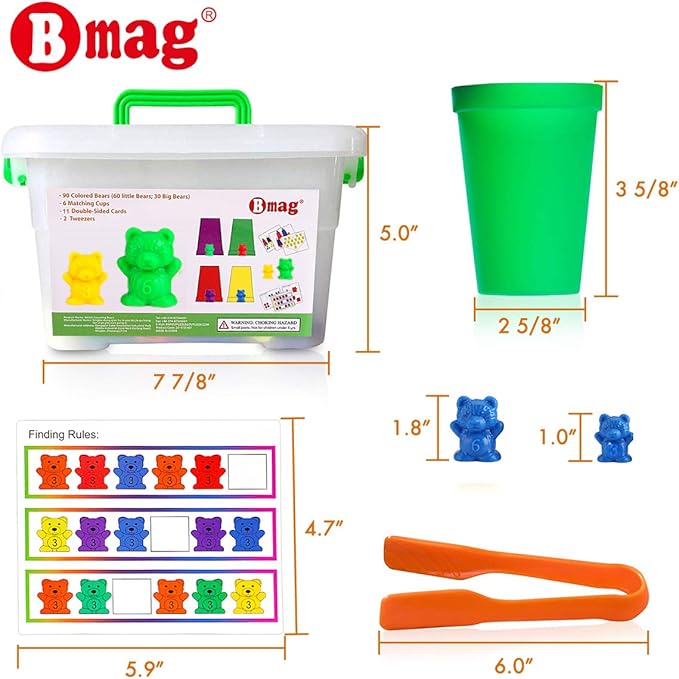Bmag Counting Bears with Matching Sorting Cups,Number Color Recognition STEM Educational Toy for Toddler, Pre-School Learning Toy with 90 Bears,2 Tweezers,11 Activity Cards,1 Storage Box