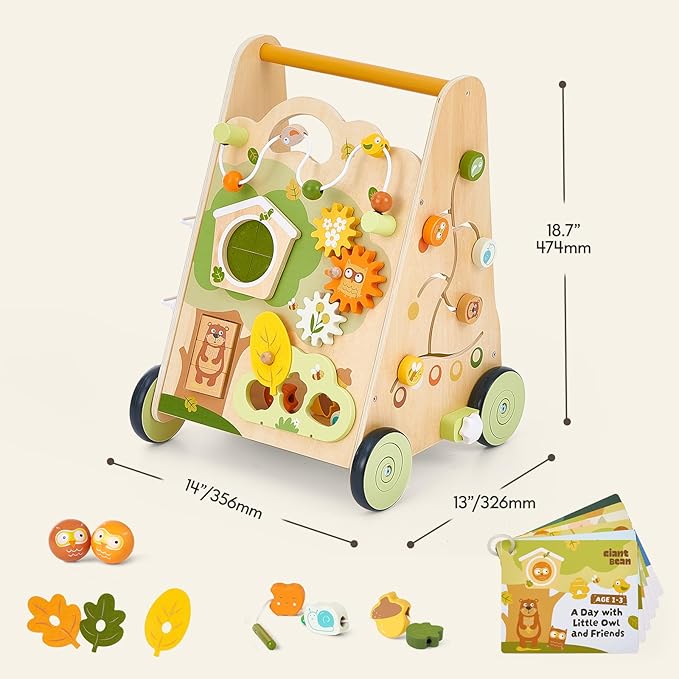 Wooden Baby Walker with Activity Center, Forest Themed Montessori Push Toy for Toddlers 1–3, Bead Maze, Shape Sorter, Gears, Puzzles & Fine-Motor Learning, Speed Adjustable Wood Walker for First Steps