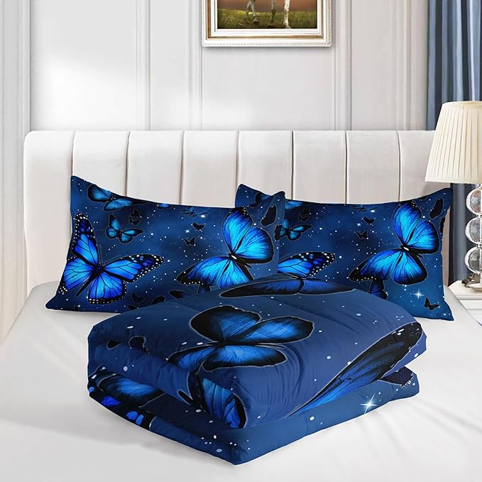 Blue Butterfly Comforter Set 3D Butterfly Printed Bedding Set with 1 Comforter and 2 Pillowcases for Boys and Girls Bedroom All Season(Butterfly Twin)