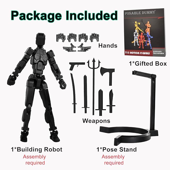 Creative Action Figure with Pose Stand,Building Toy Sets,3D Robot,Lucky Puppet Joints for Boys,Girls,Men,Women,Multi-Jointed Moveable Dummy Desk Decoration,Desktop Ornament for Game Lover (Black)