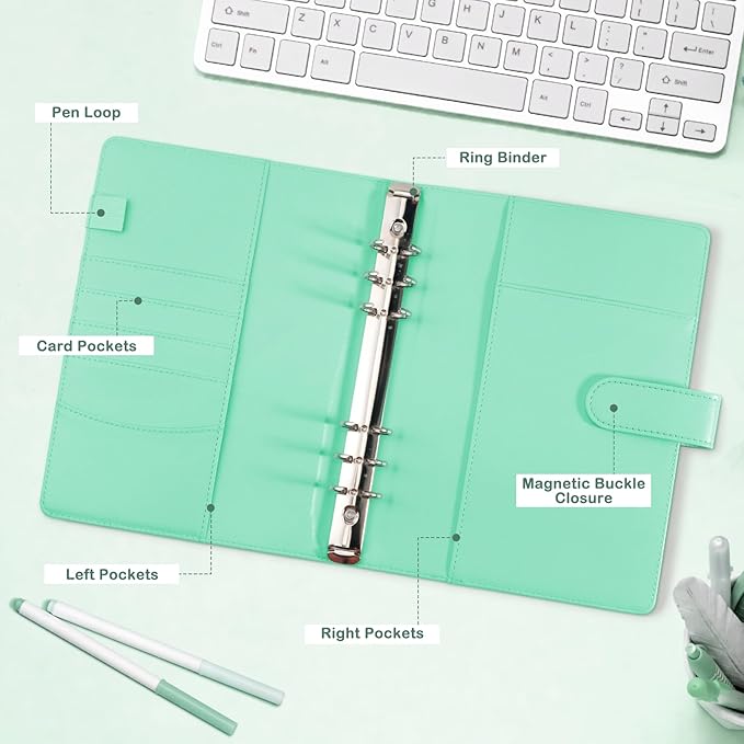 WITHYU A5 Card Collector with 30 Pack 4-Pocket Pages, 6 Ring Binder Album with 240 Card Slots, PU Leather Binder Cover with Magnetic Buckle Closure (Green)