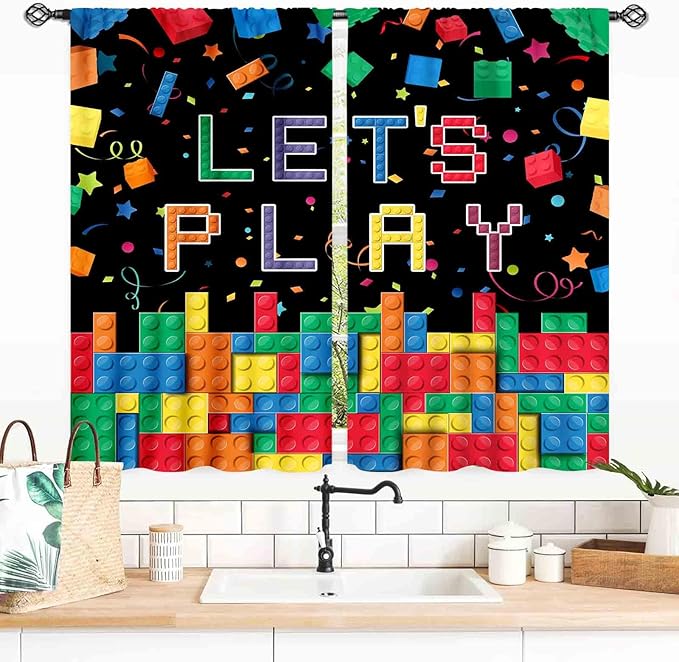 Kids Boys Curtains for Bedroom, Colorful Building Blocks Plastic Brick Pattern Abstract Contour Printed Blackout Drapes for Boys Room Living Room Nursery Party Decor 2 Panels, 55x39 Inch