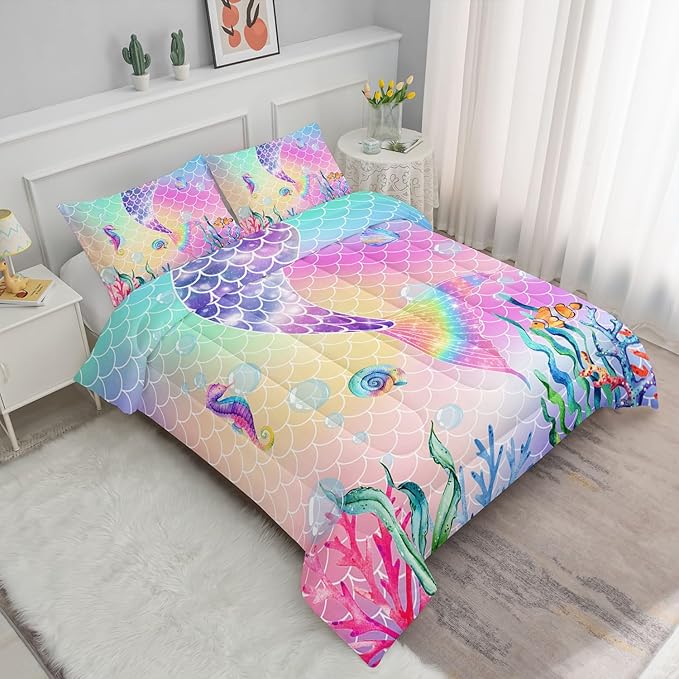 Mermaid Tail Comforter Set Rainbow Pink Scales Mermaid Printed Bedding Set with 1 Comforter and 2 Pillowcases for Boys and Girls Bedroom All Season(Full)