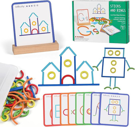 Montessori STEM Puzzle Toy for Kids Ages 3-6 – Wooden Educational Manipulative for Fine Motor Skills, Shape & Color Matching, Creative Building Activity Set for Preschool & Kindergarten