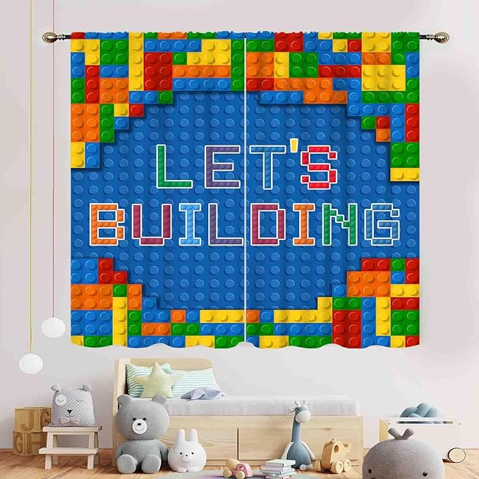Kids Boys Curtains for Bedroom, Colorful Building Blocks Toys Plastic Brick Toy Pattern Abstract Contour Printed Blue Blackout Drapes for Boys Room Living Room Nursery Party Decor, 55"x63" Inch