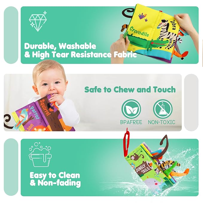 beiens Baby Books Toys, Touch and Feel Crinkle Cloth Book for Infant Baby 0-3-6-12-18 Months, Early Development Interactive Stroller Soft Toys, Newborn Gifts for Boys Girls
