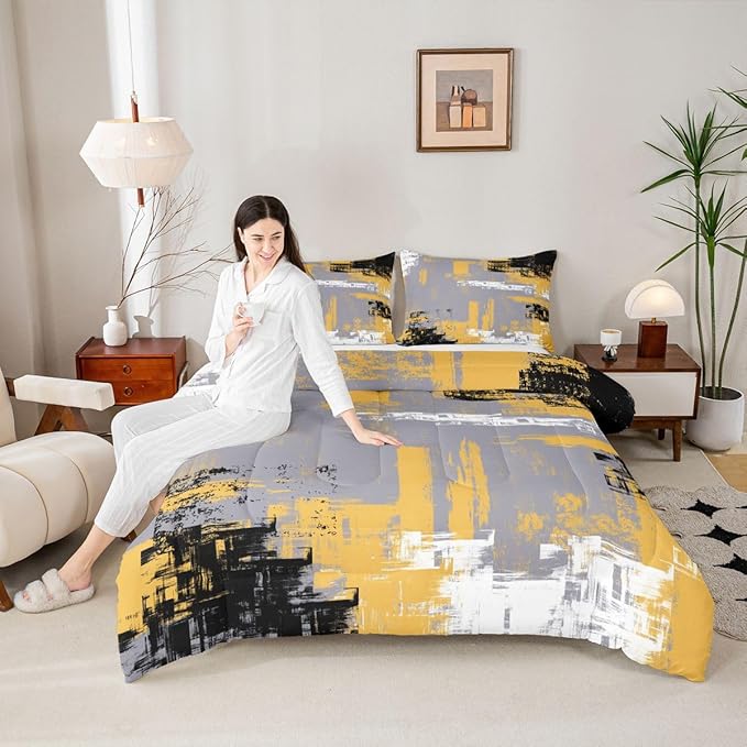Feelyou Abstract Bedding Set Kids Modern Abstract Art Comforter Set Yellow Grey Black Comforter for Boys Room Decor Lightweight Retro Duvet Set Full Size with 2 Pillow Case