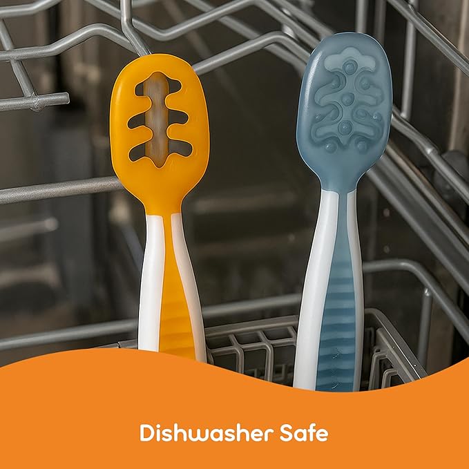 NumNum Baby Spoons Set, Baby Essentials Pre-Spoon GOOtensils for 6+ Months, First Stage Self-Feeding Spoons for Baby Led Weaning (BLW), Silicone Toddler Utensils, BPA-Free, 2 Pack Blue/Red