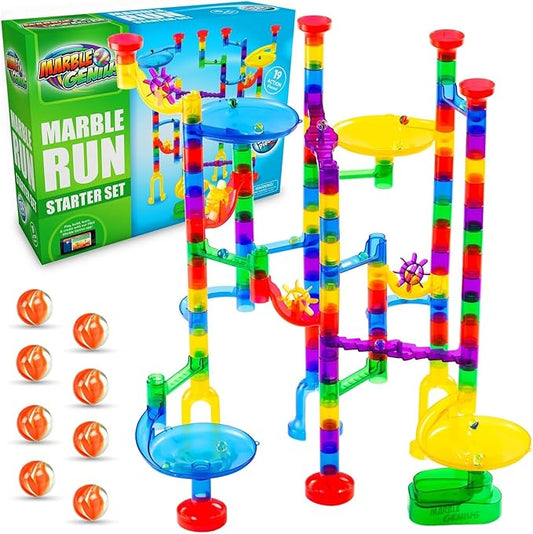Marble Genius Marble Run Starter Set, STEM Toys & Maze Construction Building - 130 Translucent Track Pieces & Glass Marbles for Family, Kids Toddlers Ages 4-8 - Fun Holiday Gifts