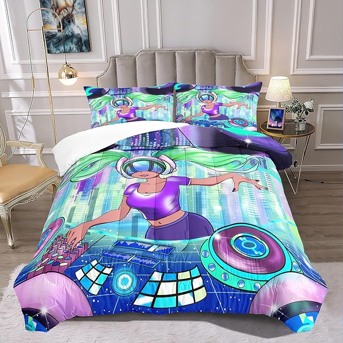 Black Girl Comforter Set Queen Size, African DJ Girl Pattern Soft Microfiber 3 Piece Quilt Set with 2 Pillowcases Queen Size Comforter Set Gifts for Black Women Girls