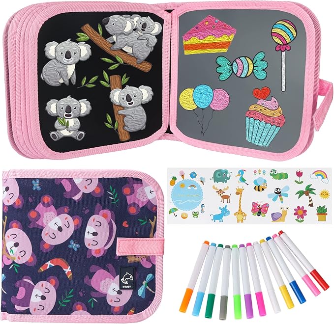 Erasable Book Doodle Set for Kids,Reusable Magic Drawing Book for Kids with 12 Watercolor Pens 14 Page Drawing,Road Trip Car Game Writing Painting Set for Boys and Girls (Koala)