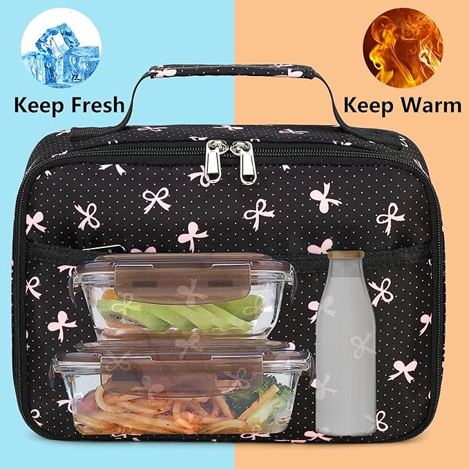 LEDAOU Lunch Box Kids Insulated Lunch Bag Girls Toddler Reusable Lunchbox for School Picnic Hiking (Black-Pink Bow)