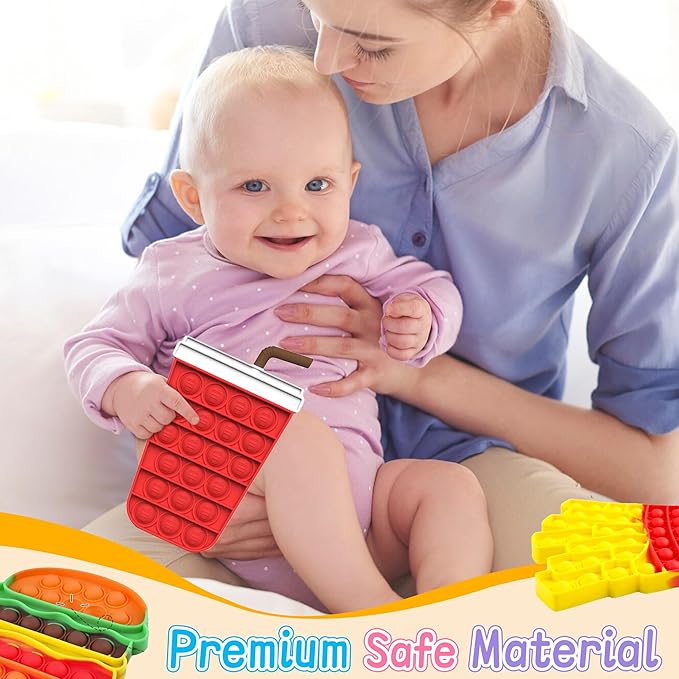 3 Pcs Fidget Sensory Toys, Push Bubble Poppers Hamburger French Fries Drinks Bulk Sets,Silicone Stress Relief Toy for Toddler Kids Boys Girls Adults,Birthday Gifts Party Favors,Classroom Prizes