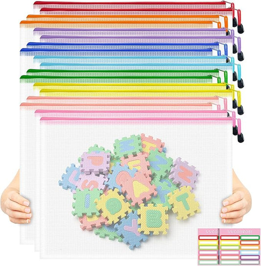 18pcs Mesh Zipper Pouch Board Games Storage Bags, 9 Colors Puzzle Bags, A3 17x12 Inches Large Reusable Zipper Bags for Organizing, Plastic Mesh Bags, Travel, School Office Organization