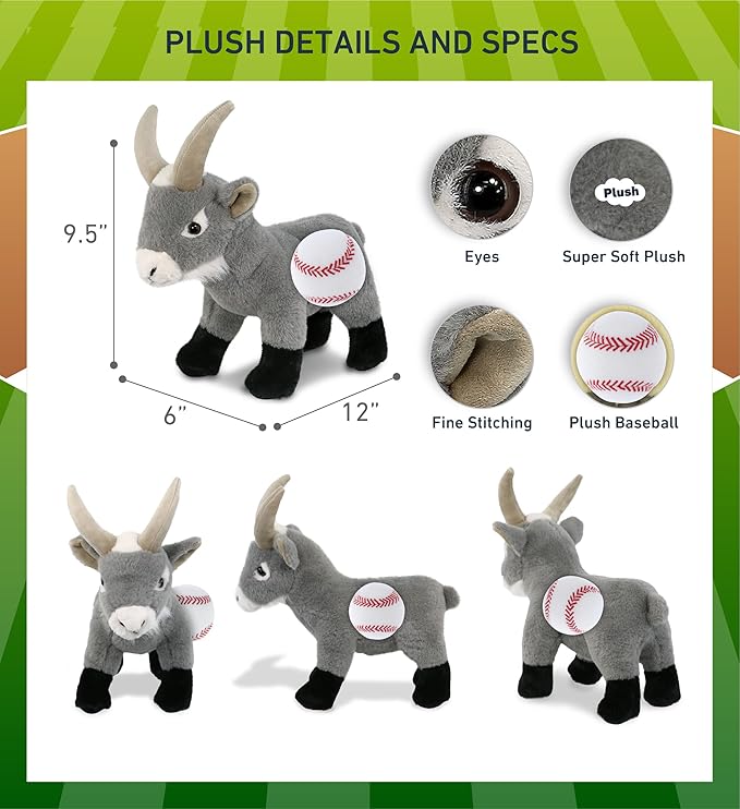 DolliBu Grey Goat Stuffed Animal with Baseball Plush – Soft, Huggable 12-Inch Toy with Name Personalization for Kids & Adults
