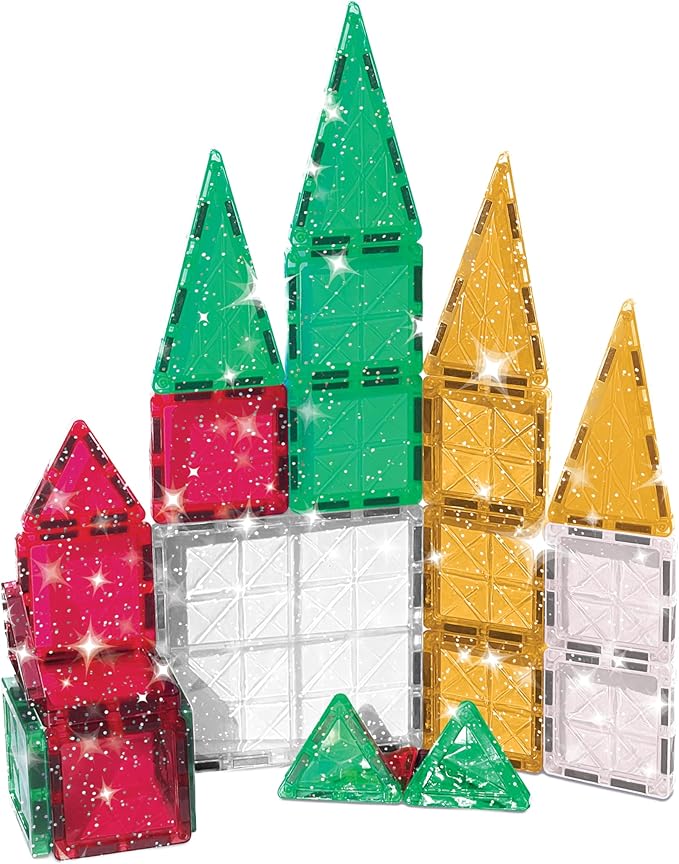 CreateOn Crayola Holiday Glitter Mini PIP Magnetic Tiles, Magnetic Kids’ Building Toys, STEM Learning Travel Toys for Boys and Girls, 27-Piece Set