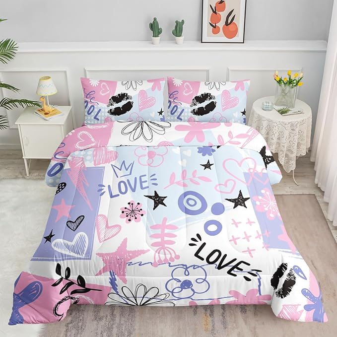 Kids Comforter Set Cute Doodles Printed Pattern Bedding Set with 1 Comforter and 2 Pillowcases for Girls Boys Bedroom All Season(Cute Doodles Queen)