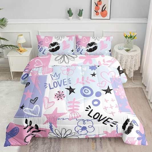 Kids Comforter Set Cute Doodles Printed Pattern Bedding Set with 1 Comforter and 2 Pillowcases for Girls Boys Bedroom All Season(Cute Doodles Twin)
