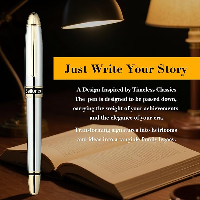 BEILUNER 315 Luxury Rollerball Pen, Stunning Silver Chrome with 24K Gold Finish, Luxury Grade Craftsmanship, Best Pen Gift Set for Men and Women, Graduation, Executive, Office, Fancy, Nice Pens