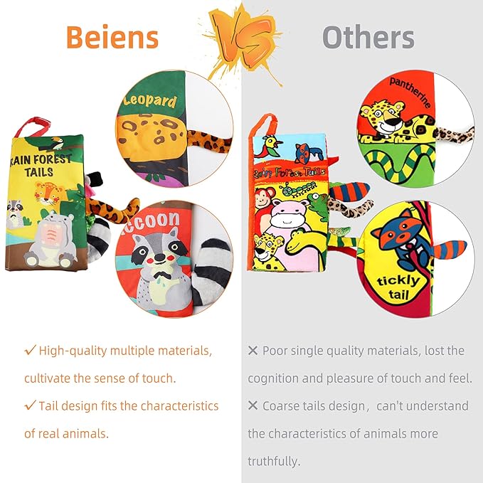 beiens Soft Toys Baby Cloth Books, Touch and Feel Crinkle Books for Babies, Infants & Toddler, Early Development Interactive Car Toys & Stroller Toys for Boys & Girls (Rainforest Tails-1 Book)