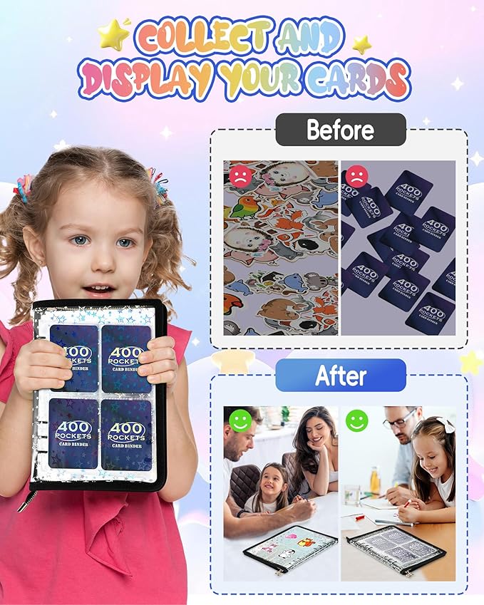 4 Pocket Card Binder with 20 Stickers, Trading Card Binder for 400 Cards, Card Collection Binder, Cute Mini Cards Binder, Sticker Organizer, Kpop Photocard Binder (Black)