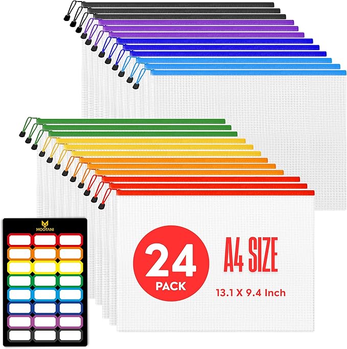 24 Pcs Mesh Zipper Pouch Bags A4 (13.1x9.4) inches Letter Size Waterproof, Reusable Zipper Bags for Board Game & Puzzle Storage, 8 Colors