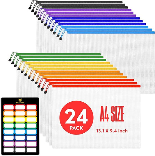 24 Pcs Mesh Zipper Pouch Bags A4 (13.1x9.4) inches Letter Size Waterproof, Reusable Zipper Bags for Board Game & Puzzle Storage, 8 Colors