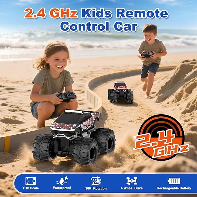 Amphibious Remote Control Car, 1:18 Waterproof Monster Truck Toys RC Cars, 2.4GHz RC Trucks 4WD All Terrain Off-Road Pickup, Kids Christmas Birthday Presents for Boy Girl Toys Age 6 7 8 9 10 11 12