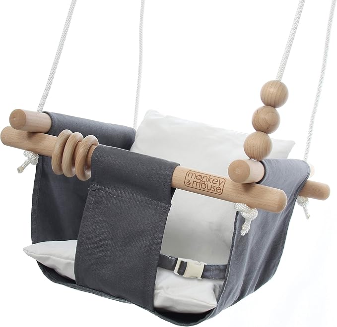 Monkey & Mouse Baby Swing, Grey White Indoor Outdoor Portable Hanging Chair - Infant & Toddler Kids 6 Months - 4 Years, Cotton Canvas & Beech Wood Frame, Sensory Hammock Boy & Girl Seat w/Wooden Toys