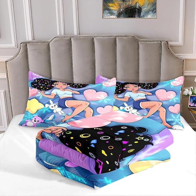 Black Girl Comforter Set - Full Size for Girls Bedroom Decor African American Bedding Blue Quilt with 2 Pillowcases Kids Sets Gifts Teens