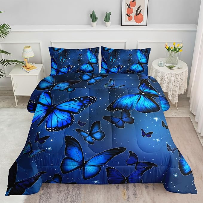 Blue Butterfly Comforter Set 3D Butterfly Printed Bedding Set with 1 Comforter and 2 Pillowcases for Boys and Girls Bedroom All Season(Butterfly Twin)