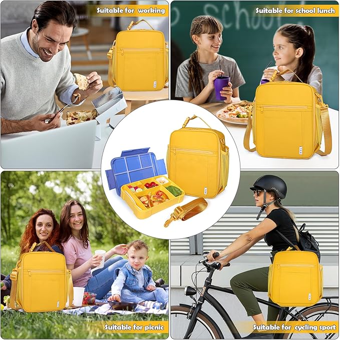 NOL Nylon Waterproof Kids Lunch Bag, Insulated Lunch Bag, Lunch box Cooler, Reusable, Zip Closure with Buckle Handle Holds Lunch Box, Snacks & Water Bottle for School Work, Earth-yellow