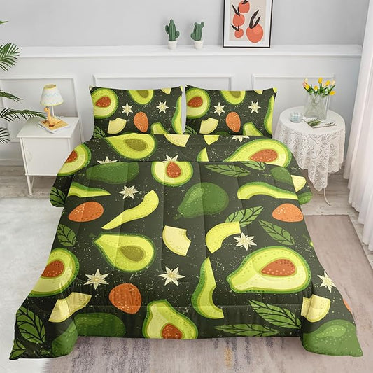 Kids Comforter Set Avocado Printed Pattern Bedding Set with 1 Comforter and 2 Pillowcases for Girls Boys Bedroom All Season(Avocado Queen)