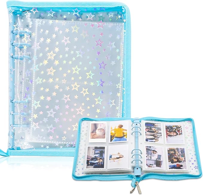 Kpop Photocard Binder Holder with 30 Pack 4-Pocket Inner Pages, A5 6 Ring Cover Album Book with Zipper for Organizing Trading Card (Blue)