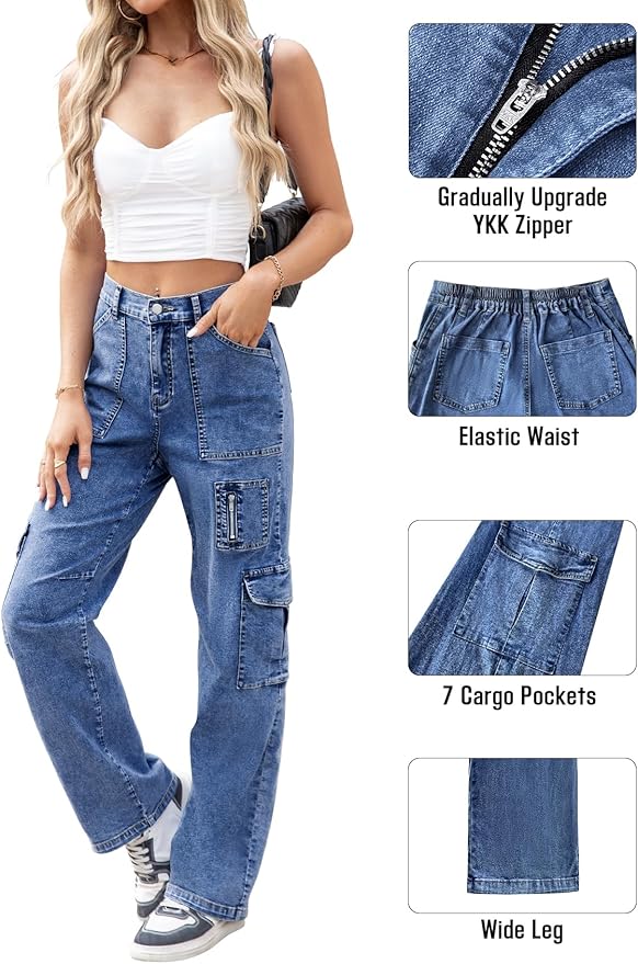 IVIR Cargo Pants Women High Waist Wide Leg Casual Pants with 7 Pockets Stretchy Drawstring Baggy Y2K Trousers