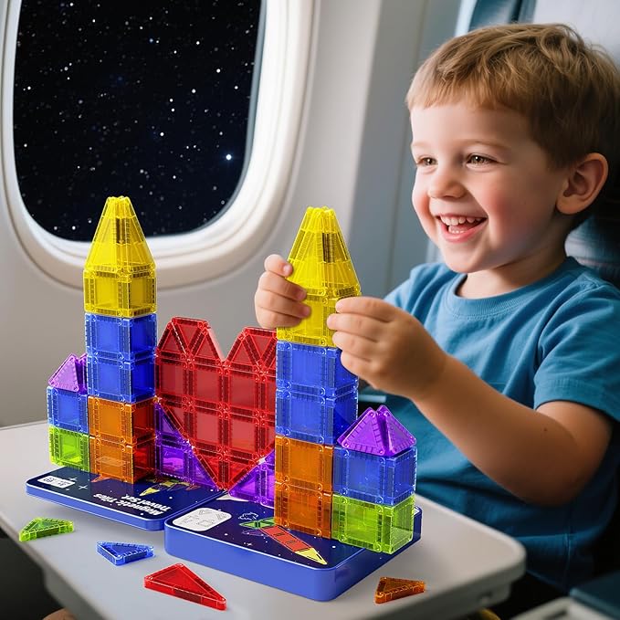 Mini Magnetic Tiles Travel Kit for Kids Ages 3-8, 60pcs Portable Magnetic Building Blocks with Visual Storage Guide & Metal Play Base, STEM Sensory Toys for Preschool Learning