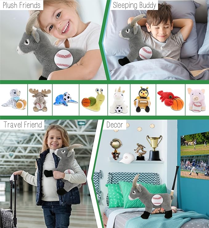 DolliBu Grey Goat Stuffed Animal with Baseball Plush – Soft, Huggable 12-Inch Toy with Name Personalization for Kids & Adults