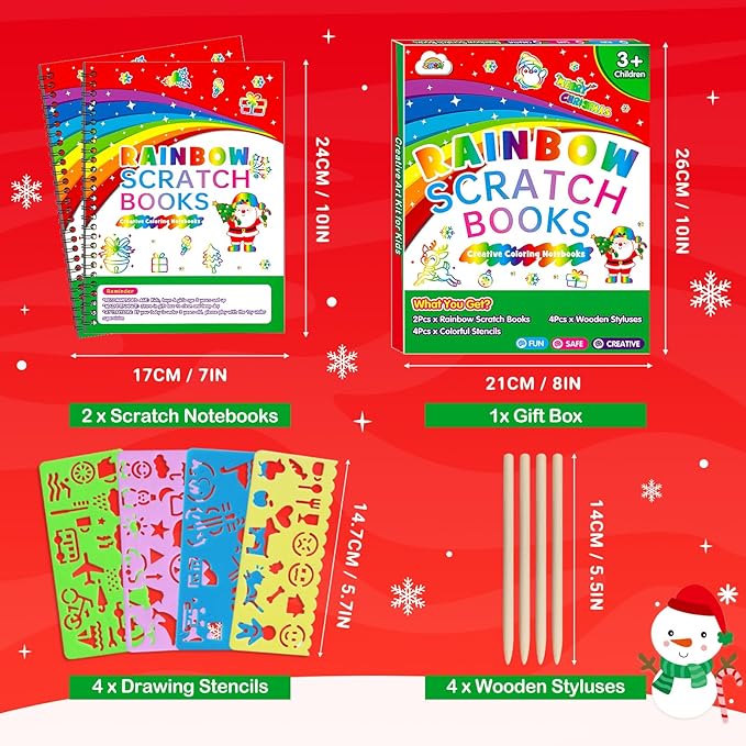 ZMLM Scratch Paper Art Craft: 2 Pack Rainbow Scratch Set for 3 4 5 6 7 8 9 10 Years Old Girls Boys Students Drawing Coloring Black Magic Art Supplies Kits Gifts School Birthday Party Toys(Christmas)