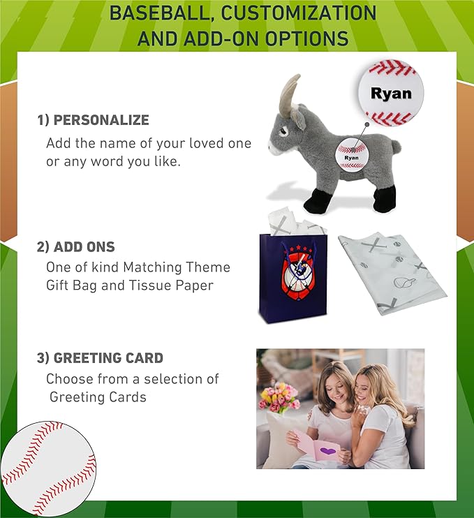 DolliBu Grey Goat Stuffed Animal with Baseball Plush – Soft, Huggable 12-Inch Toy with Name Personalization for Kids & Adults