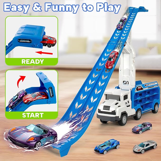 Kids Toys for 3 4 5 6 7 8 Years Old Boys, Carrier Truck Transport Car Toys, Foldable 2 Layer Car Race Track Playset with 25-in Race Track, 6 Metal Toy Cars, Birthday Toy Gift for Toddler-Blue