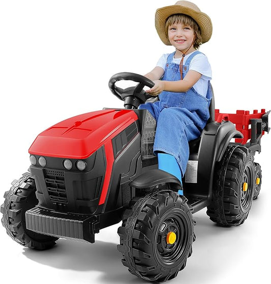 ELEMARA 24V 9AH Ride on Tractor Toys for Big Kids with Easy Detachable Trailer, 400W Electric Vehicles car, All-Terrain Capability, 3 Point Seat Belt for Ages 3+, Max 4.5 mph, Music, Deep Red
