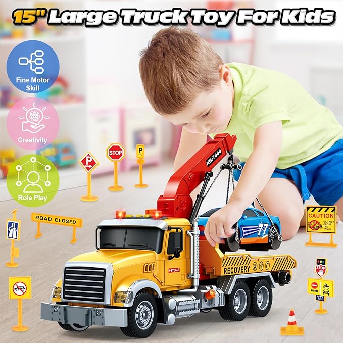SpringFlower 15" Large Tow Truck Toy, Toy for 3 4 5 6 Years Old Boy Toddlers, Truck Vehicle with Racing Car, Traffic Signs, Working Hook, Light Sound,Easter Basket Stuffers,Birthday Easter Gift