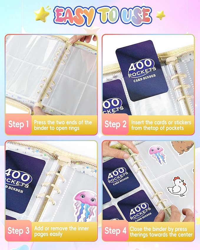 4 Pocket Card Binder with 20 Stickers, Trading Card Binder for 400 Cards, Kpop Photocard Binder, Card Collection Binder for MTG, TCG, Sports Cards, Game Cards, Cute Binder, Sticker Organizer (White)