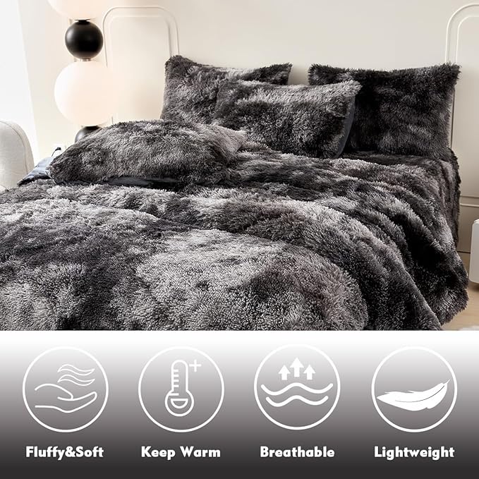 PERFEMET 3 Pcs Dark Grey Plush Comforter Set Queen Size Long Hair Faux Fur Tie Dye Bed Set for Women Adults Super Soft Cozy Fluffy Fuzzy Shaggy Bedding Sets(Dark Grey, Queen)