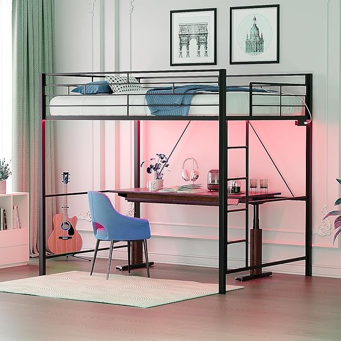 VINGLI Full Size Loft Bed with LED Lights and Charging Station, Heavy Duty Metal Double High Sleeper with 15 Inches Safety Guardrail and Flat Ladder for Teens Adults, Space Saving Design, Black