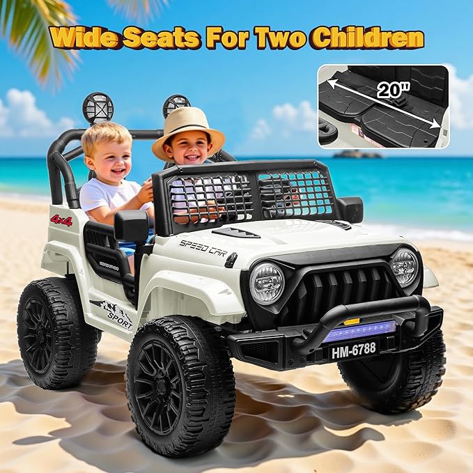 2 Seater Ride on Car for Kids, 24V Electric Ride On Truck Toy w/Remote Control, 4.97 MPH Max, 4 Wheeler Suspension, 3 Speed, Bluetooth Music,LED Light, Ride On Toys for Big Kids, White