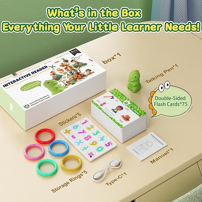 HOMESTEC Phonics Flash Cards with Talking Dino Reader Pen, Learn to Read for Kids Ages 3-6, Early Learning Educational Toy for Kindergarten, Homeschool & Speech Therapy