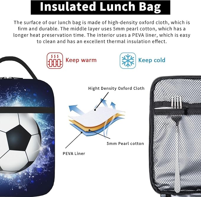 Sports Lunch Box with Soccer Pattern Print, Blue Insulated Lunch Bag for Kids Teens Boys Girls, Reusable Lunch Bag Ice Packs Containers Tote Handbag with Water Bottle Holder and Handle