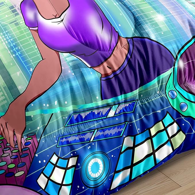 Black Girl Comforter Set Queen Size, African DJ Girl Pattern Soft Microfiber 3 Piece Quilt Set with 2 Pillowcases Queen Size Comforter Set Gifts for Black Women Girls